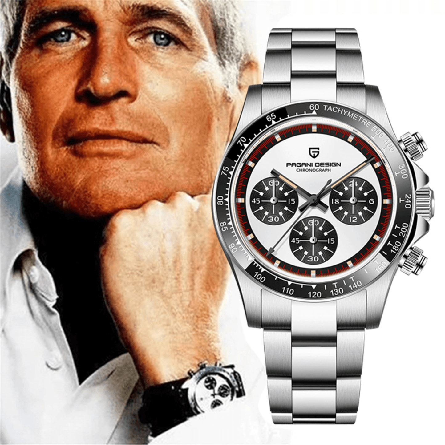 Pagani Design PD-1676 Paul Newman Chronograph Luxury Waterproof Movement (Japanese VK63) | Stainless Steel Men's 40MM Watch - White Dial