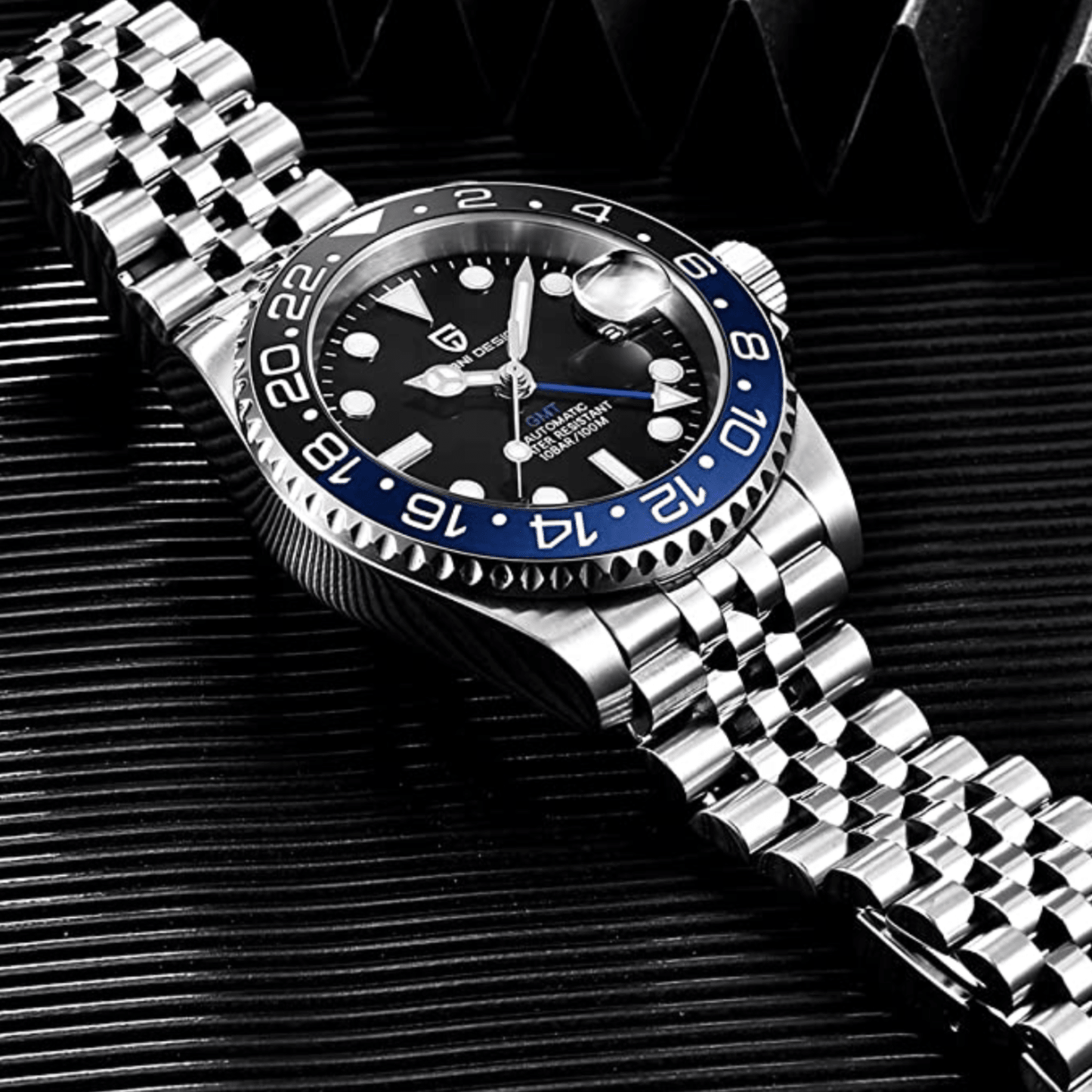 Pagani Design PD-1662 Seiko NH34 Movement equipped with AR AF Anti-Radiation Coating Automatic Watch Stainless Steel Men's (Batman - Jubilee Bracelet)