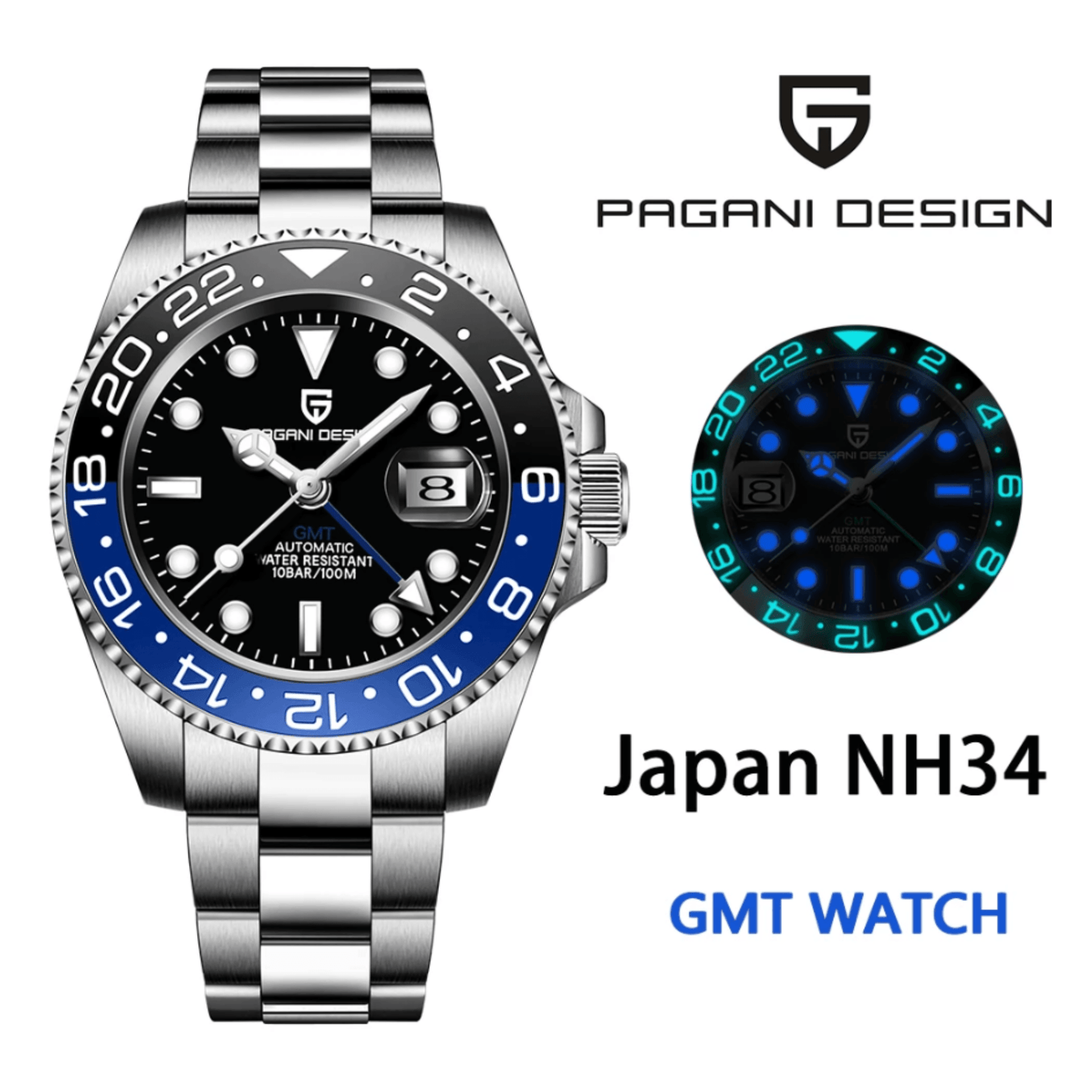 Pagani Design PD-1662 Seiko NH34 Movement equipped with AR AF Anti-Radiation Coating Automatic Watch Stainless Steel Men's (Batman - Jubilee Bracelet)