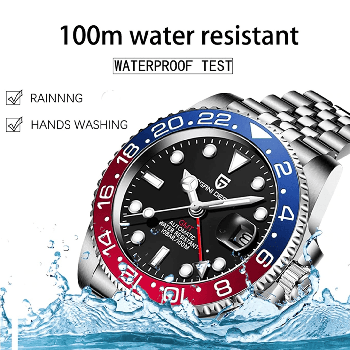 Pagani Design PD-1662 Seiko NH34 Movement equipped with AR AF Anti-Radiation Coating Automatic Watch Stainless Steel Men's (Pepsi - Jubilee Bracelet)