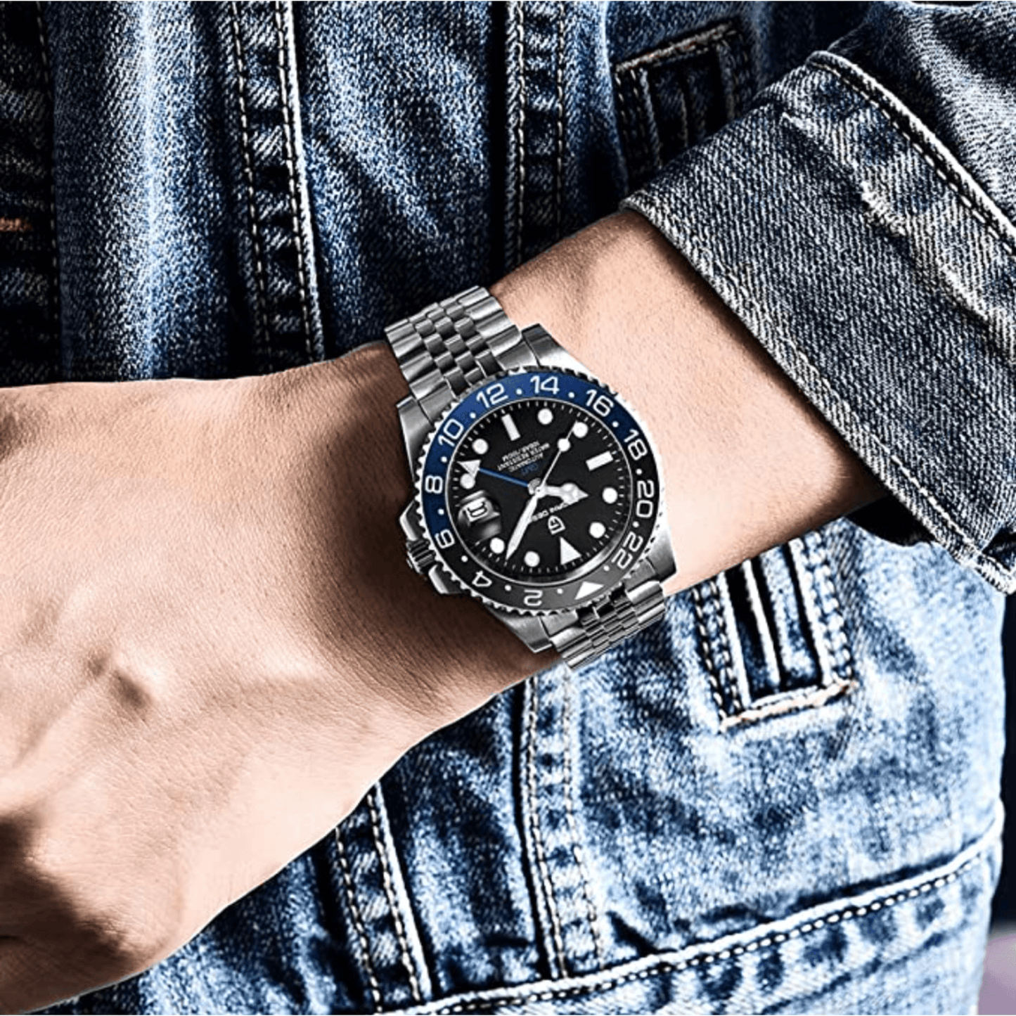 Pagani Design PD-1662 Seiko NH34 Movement equipped with AR AF Anti-Radiation Coating Automatic Watch Stainless Steel Men's (Batman - Jubilee Bracelet)